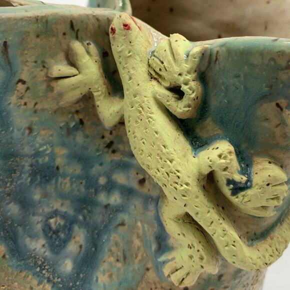 Art Pottery Pitcher Vase Blue And Green With Gecko Climbing 5” Tall - Picture 7 of 9